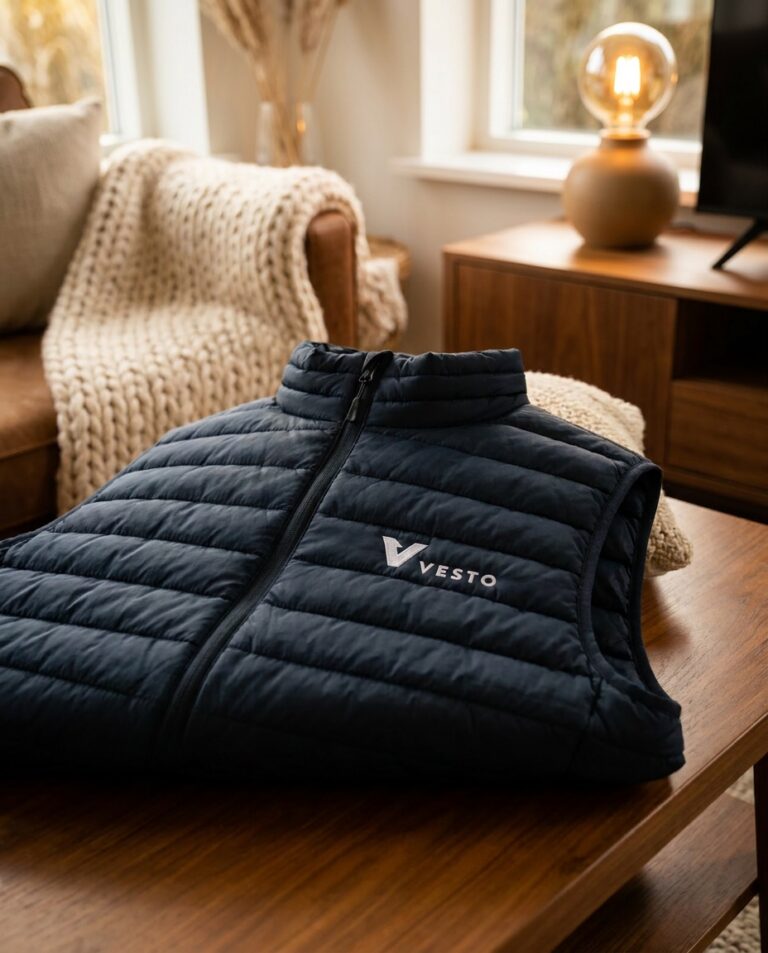 Marineblauwe bodywarmer met een geborduurd logo op de borst