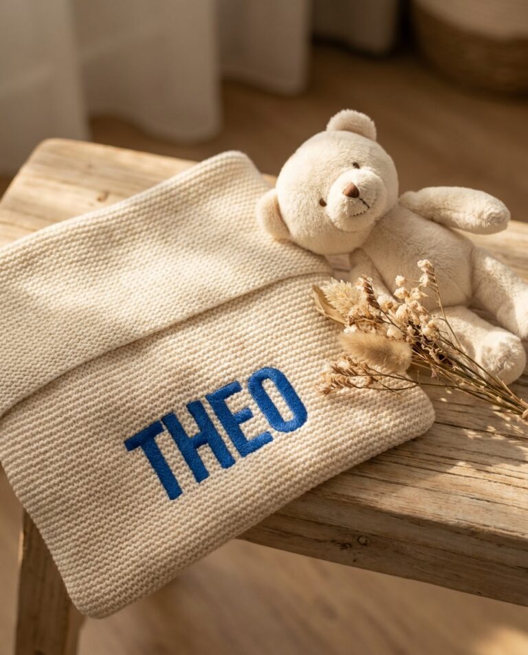 Gebreid etui met de naam THEO in blauwe blokletters geborduurd