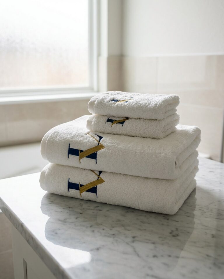 Stapel witte handdoeken met een geborduurd logo in blauw en goud