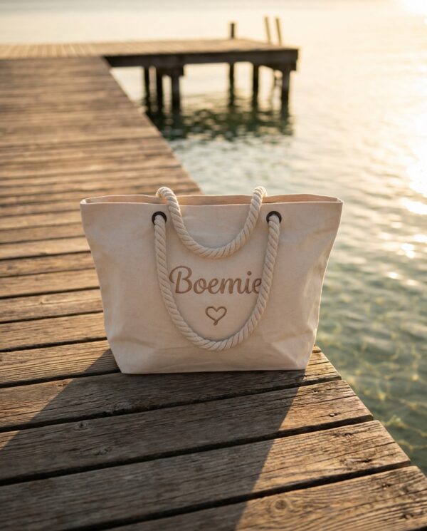 Canvas strandtas met touwhengsels en de naam Boemie met een hartje geborduurd